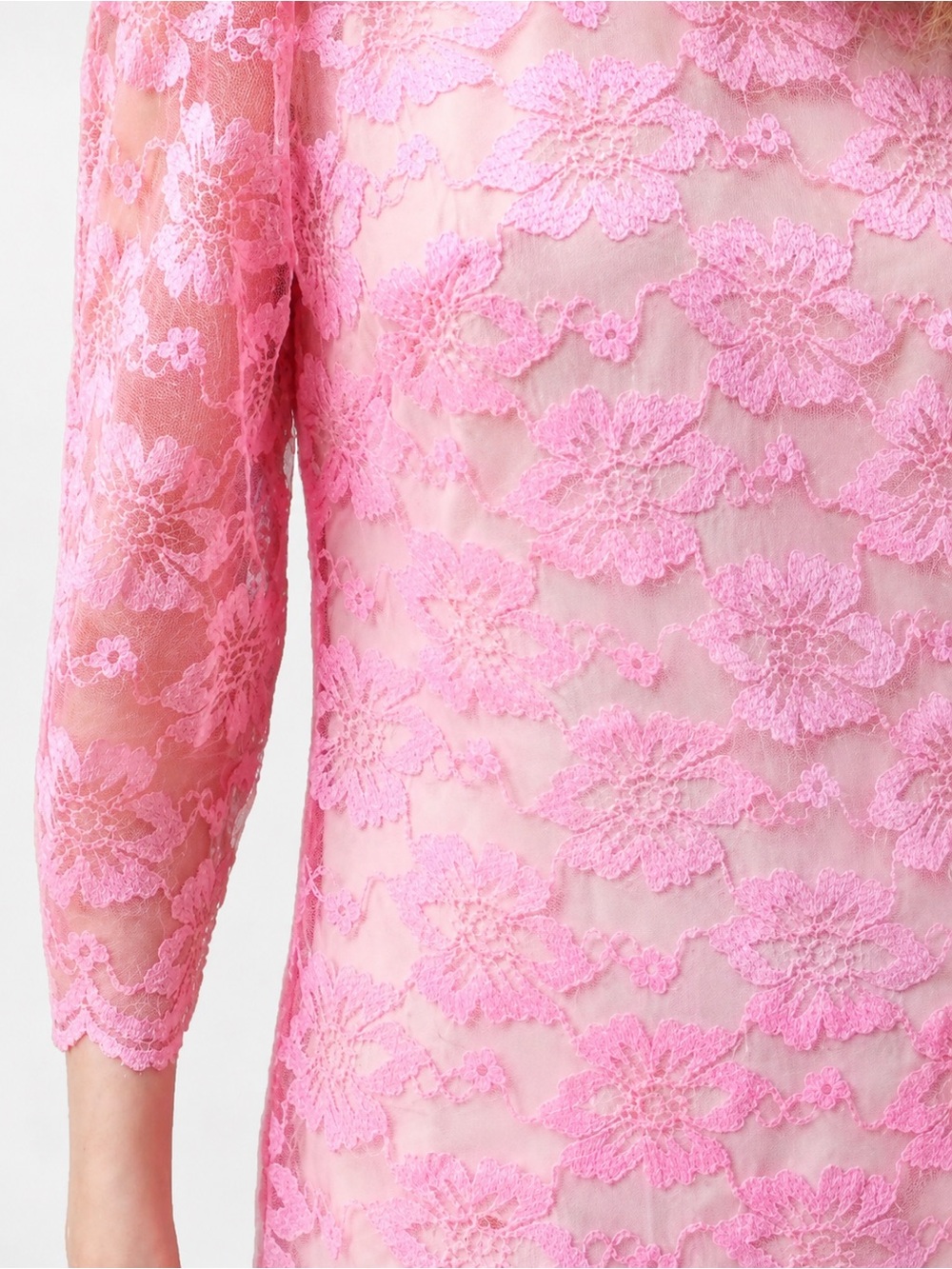 VTG 60s Neon Hot Pink Floral Lace Shift Mini Dress • Nude Slip • 3/4 Sleeve • S - Picture 7 of 16